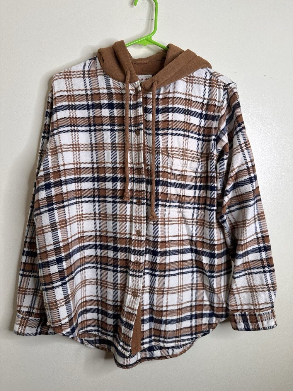American Eagle Men’s Small Plaid Button Front Hooded Sweatshirt Plaid Rustic